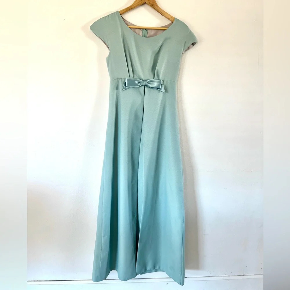 Jordan Vintage Blue Cap Sleeve Bow Front Empire Waist‎ Maxi Dress Size 7/8